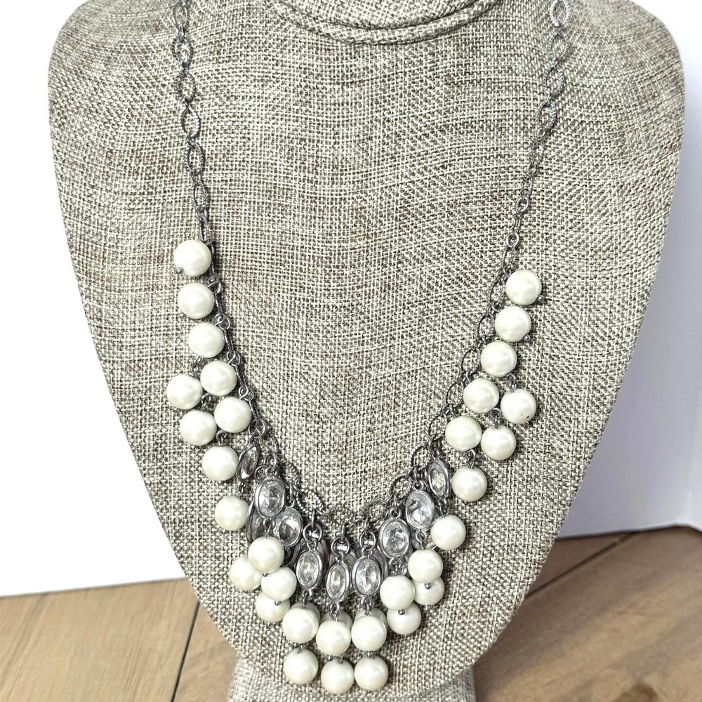 Talbots Vintage Silver Tone MOP and Crystal Bib Necklace Set Statement‎ Coquette